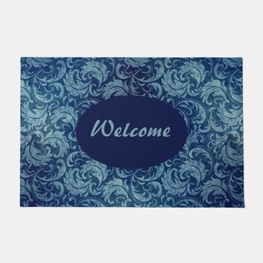 Elegantes Blaues Vintag Damask Muster Fußmatte (Vorderseite)