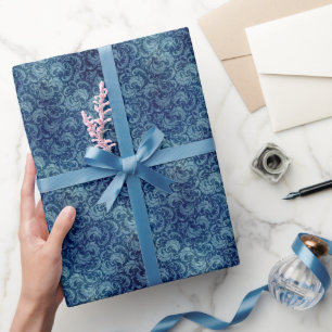 Elegantes Blaues Vintag Damask Muster Geschenkpapier
