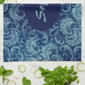 Elegantes Blaues Vintag Damask Muster Geschirrtuch (Gefaltet)