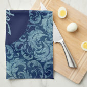 Elegantes Blaues Vintag Damask Muster Geschirrtuch (Viertel Falte)