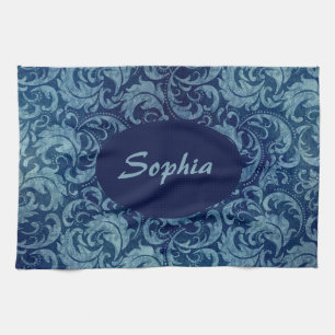 Elegantes Blaues Vintag Damask Muster Geschirrtuch