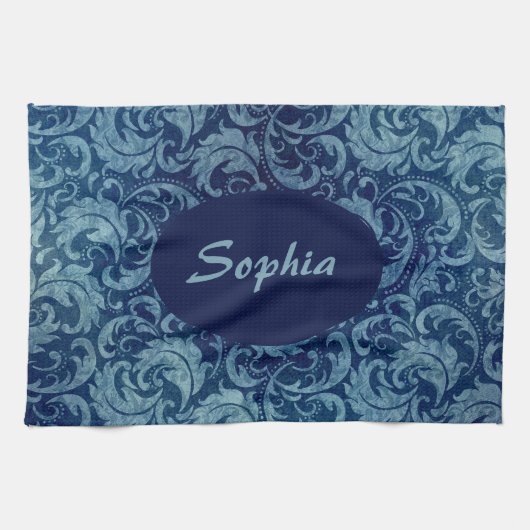 Elegantes Blaues Vintag Damask Muster Geschirrtuch (Horizontal)