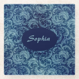 Elegantes Blaues Vintag Damask Muster Glasuntersetzer