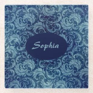 Elegantes Blaues Vintag Damask Muster Glasuntersetzer