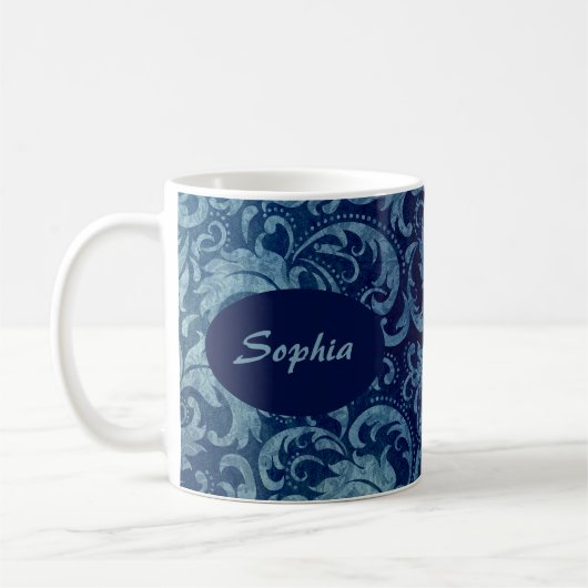 Elegantes Blaues Vintag Damask Muster Kaffeetasse (Links)