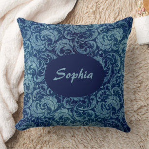 Elegantes Blaues Vintag Damask Muster Kissen