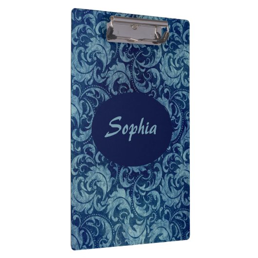 Elegantes Blaues Vintag Damask Muster Klemmbrett (Rechts)