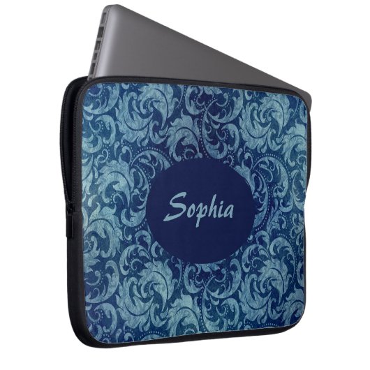 Elegantes Blaues Vintag Damask Muster Laptopschutzhülle (Vorne Rechts)