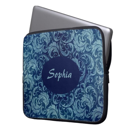 Elegantes Blaues Vintag Damask Muster Laptopschutzhülle (Vorderseite Links)