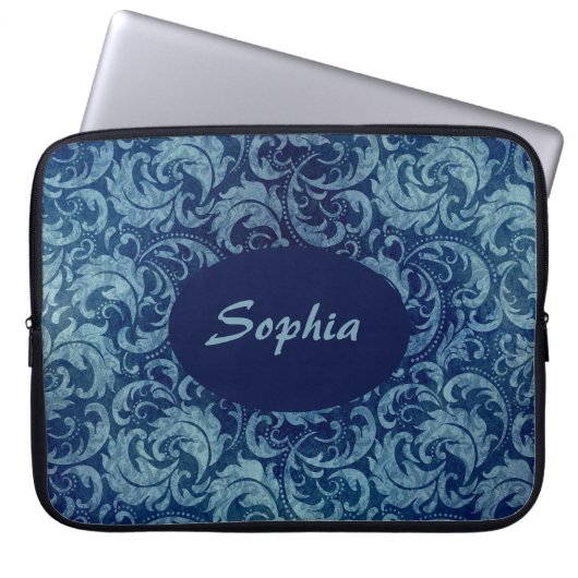 Elegantes Blaues Vintag Damask Muster Laptopschutzhülle (Vorderseite)
