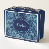 Elegantes Blaues Vintag Damask Muster Metall Brotdose (Rückseite)