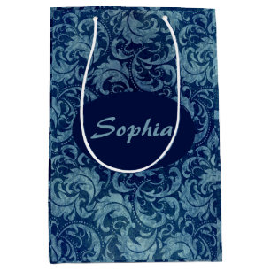Elegantes Blaues Vintag Damask Muster Mittlere Geschenktüte
