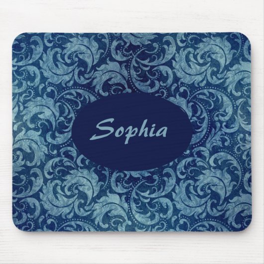 Elegantes Blaues Vintag Damask Muster Mousepad (Vorne)