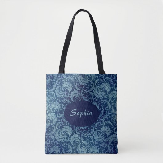 Elegantes Blaues Vintag Damask Muster Tasche (Vorderseite)