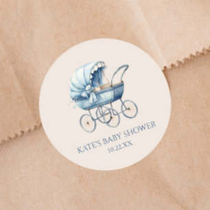 Elegantes blaues Vintage-Babykinderwagen-Baby-Show Runder Aufkleber