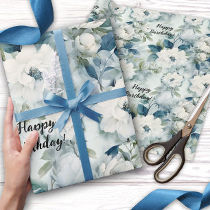 Elegantes blaues vintage Blumen Geburtstag Geschenkpapier