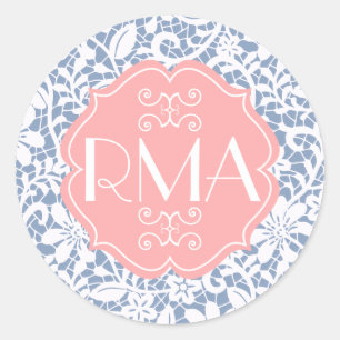 Elegantes blaues vintage-Spitzen-Monogramm Runder Aufkleber