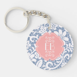 Elegantes blaues vintage-Spitzenmonogramm Schlüsselanhänger