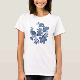 Elegantes Blaues Vogelmotiv mit floralem Gruß in V T-Shirt