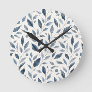 Elegantes blaues Wasserfarben-Blattmuster Runde Wanduhr