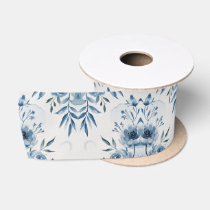 Elegantes blaues Wasserfarben-Blumenmuster Satinband