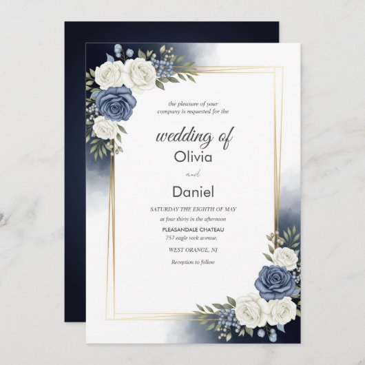 Elegantes blaues Wasserfarbenflora Einladung zur H (Vorne/Hinten)