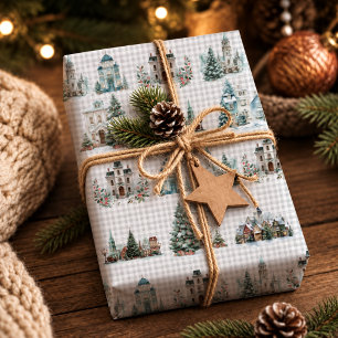 Elegantes Blaues Weihnachts-Winterhäuser-Muster Geschenkpapier