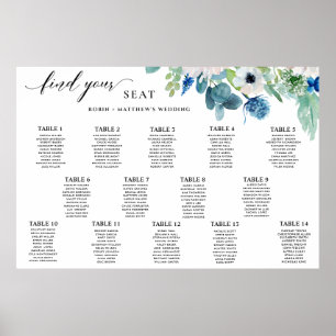 Elegantes blaues, weißes Wasserfarben, Blumenmuste Poster