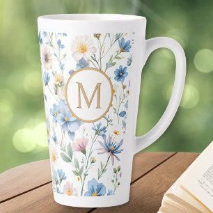 Elegantes blaues Wildblumenmuster Botanisches Mono Milchtasse