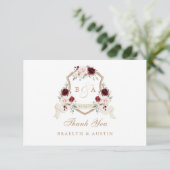 Elegantes Bloral Blush Burgundy Wedding Wappen Dankeskarte (Stehend Vorderseite)
