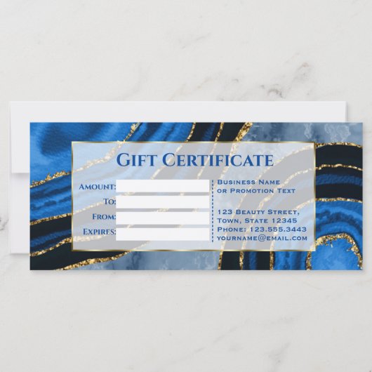 Elegantes Blue Agate Gold Geschenkgutschein (Rückseite)