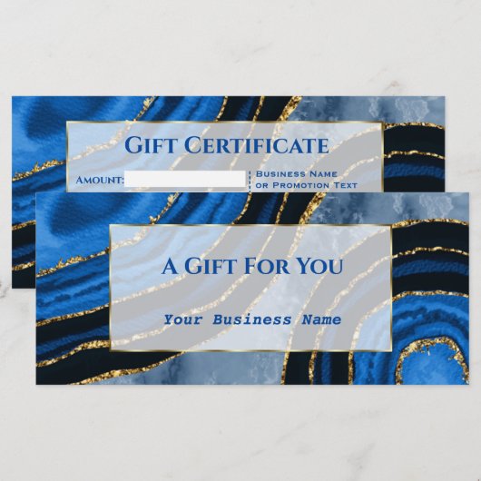 Elegantes Blue Agate Gold Geschenkgutschein (Vorne/Hinten)
