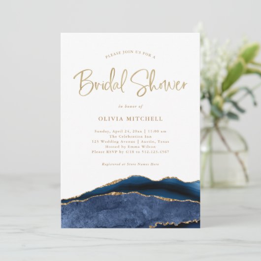 Elegantes Blue Agate mit Gold | BRAUTPARTY Einladung (Stehend Vorderseite)