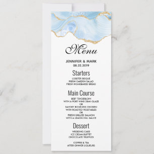 Elegantes Blue and Gold Agate Border Wedding Menü Einladung