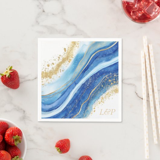 Elegantes Blue and Gold Aquarellmonogramm Napkin Serviette (Beispiel)