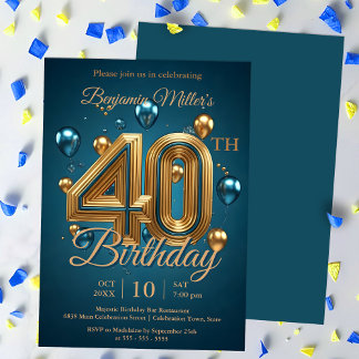 Elegantes Blue and Gold Balloons 40. Geburtstag Pa Einladung