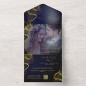 Elegantes Blue and Gold Custom Foto Wedding All In One Einladung (Innen Boden)