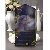 Elegantes Blue and Gold Custom Foto Wedding All In One Einladung