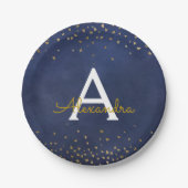 Elegantes Blue and Gold Foil Confetti Monogram Pappteller (Vorderseite)