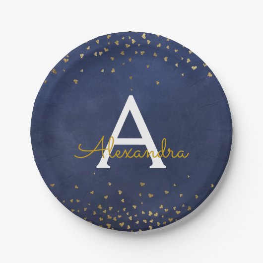 Elegantes Blue and Gold Foil Confetti Monogram Pappteller (Vorderseite)