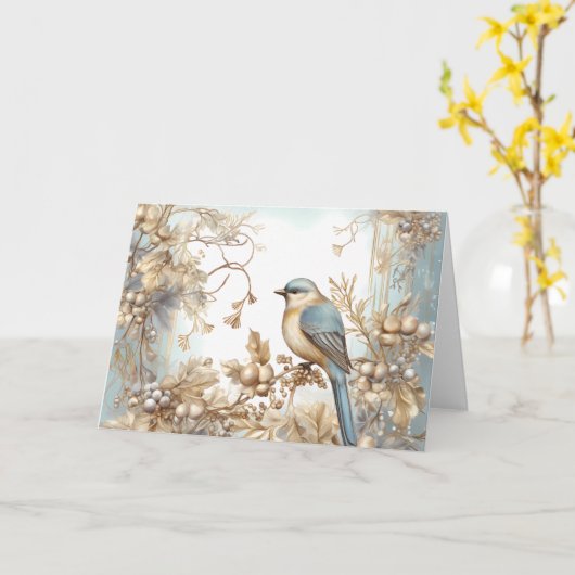 Elegantes Blue and Gold Winter Bird Design Karte (Gelbe Blume)