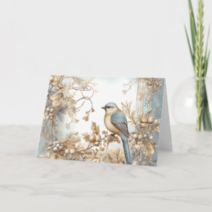 Elegantes Blue and Gold Winter Bird Design Karte