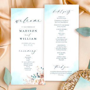 Elegantes Blue and Peach Floral Boho Hochzeitsprog Menükarte
