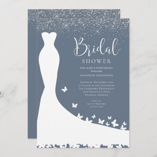 Elegantes Blue and Silver Glitzer Brautparty Invi Einladung (Vorne/Hinten)