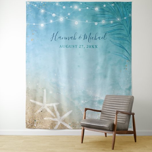 Elegantes Blue Aquamarin Watercolor Beach Hochzeit Wandteppich (Beispiel)