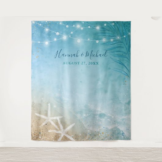 Elegantes Blue Aquamarin Watercolor Beach Hochzeit Wandteppich (Vorderseite)