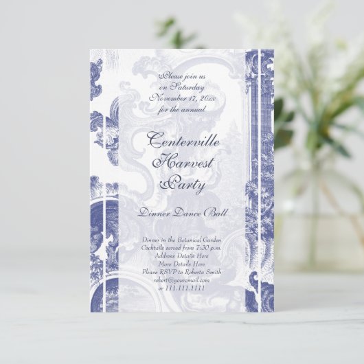 Elegantes Blue Baroque Einladung (Stehend Vorderseite)