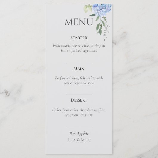 Elegantes Blue Beige Hydrangea Wedding Menu Menükarte (Vorderseite)