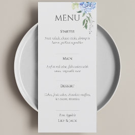 Elegantes Blue Beige Hydrangea Wedding Menu Menükarte