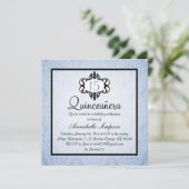 Elegantes Blue/Black Chic Damask Quinceanera Einla Einladung (Stehend Vorderseite)